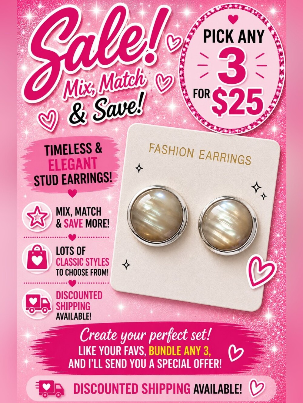 Vintage Mother of Pearl Cabochon Stud Earrings Silver Tone Round Shell Classic